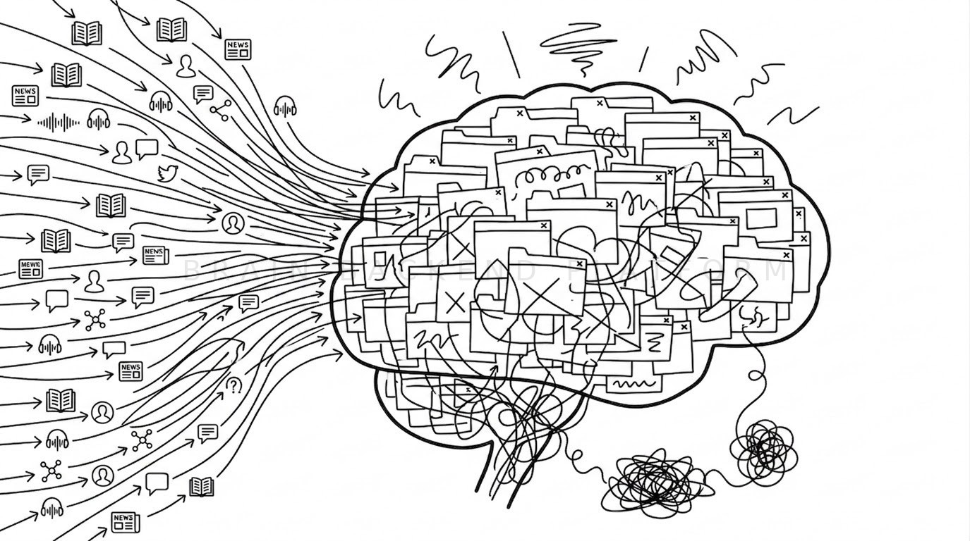 Brain overloaded with browser tabs and incoming information